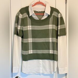 Green Plaid Sweater with White Shirt attached